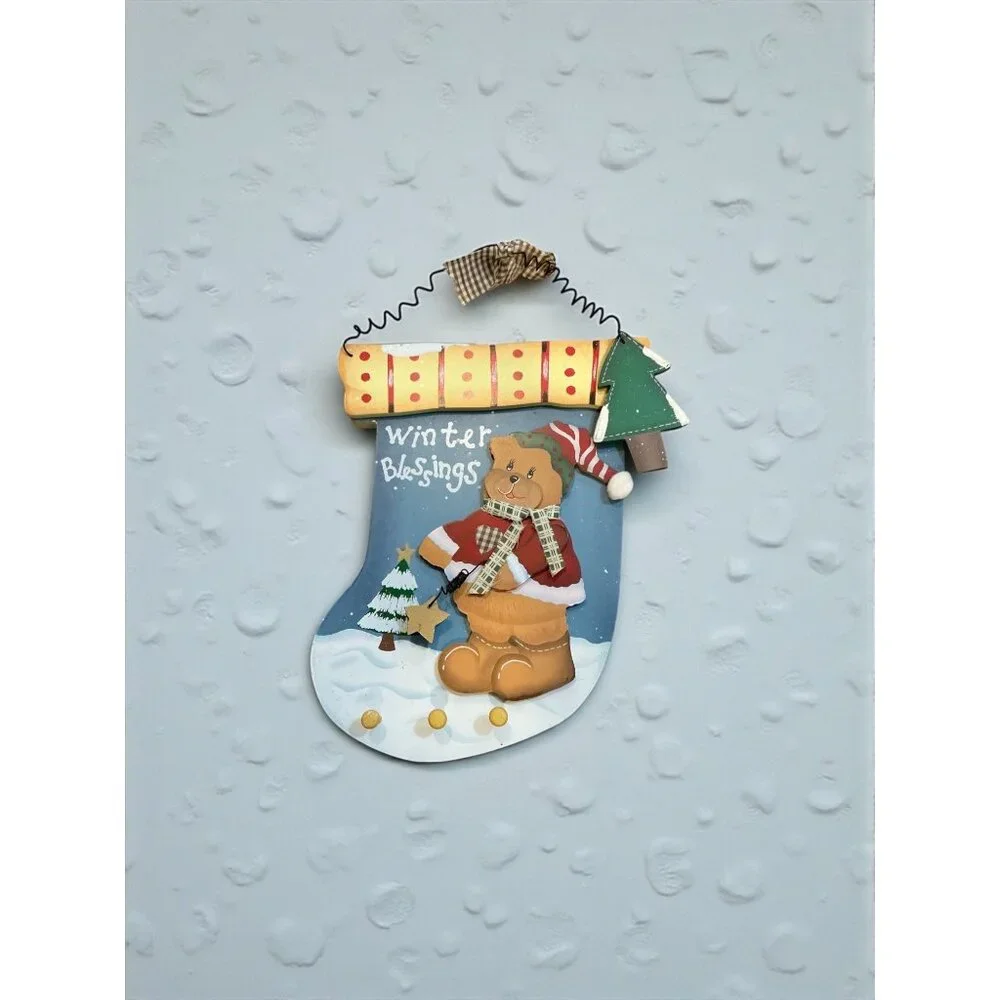 Christmas Winter Blessings Decorative‎ Wooden Stocking Wall Hanging With Bear